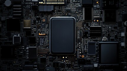 Fototapeta premium Microchip, smd electronic component of mobile device on circuit board or motherboard, AI generated image