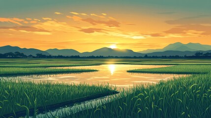 Golden Sunset Over Rice Fields: A Tranquil Rural Landscape Illustration