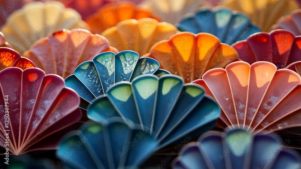 Poster A close up of a colorful array of flower shaped objects. The objects are in various colors and sizes