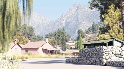 Scenic view of a tranquil village with mountains in the background.