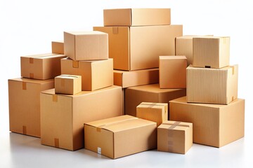 Various Cardboard Boxes Isolated on White Background; Perfect for E-commerce, Packaging & Shipping Stock Photos