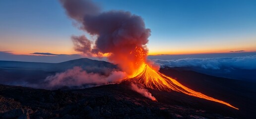 Fiery spectacle of volcanic eruption at sunset with lava flowing dramatically