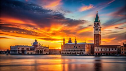 Naklejka premium Venetian Silhouette: Doge's Palace & St. Mark's Campanile at Sunset