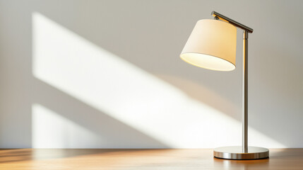 modern table lamp with white shade casting soft shadows on wooden surface