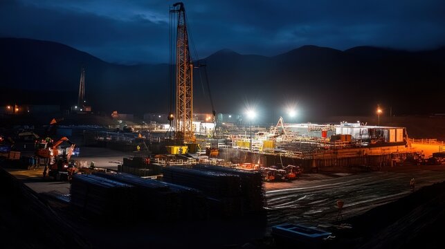 Nighttime construction site illuminated by lights, showcasing machinery and materials.