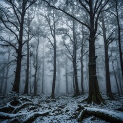 "A mysterious forest shrouded in fog, with ancient snow-covered trees standing like silent sentinels."