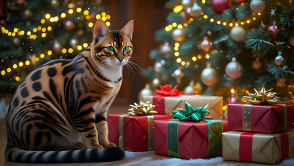 Elegant Bengal Cat with Holiday Gifts and a Sparkling Christmas Tree Backdrop. A Festive Celebration Scene. Generative AI