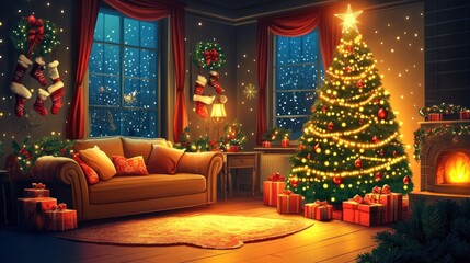 Cozy living room interior with Christmas tree and sofa with pillows, AI generated image