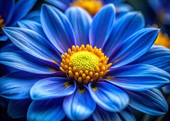 Vibrant Blue Flower with Yellow Center, Macro Photography, High Depth of Field, Botanical Image
