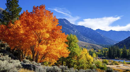 Fototapeta premium Vibrant autumn landscape featuring orange and yellow trees against mountains