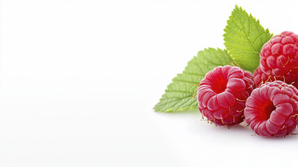 Fresh raspberries with green leaves on white background, perfect for healthy recipes and desserts