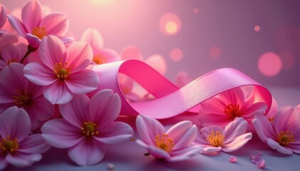 Obraz premium A pink ribbon with a glowing aura surrounded by delicate flowers, breast cancer awareness, symbol of hope, pink color scheme