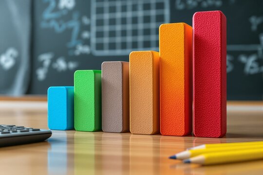 Colorful bar chart with textured blocks on a wooden desk, with a chalkboard in the background. Concept of education, growth, and analysis. Ai generative - Powered by Adobe