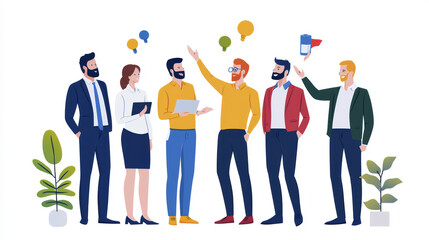 Engaged team discussing ideas with speech bubbles and plants around