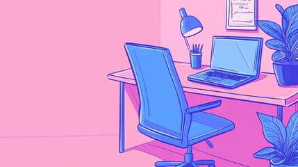 Fototapeta premium Modern Desk Setup with Laptop and Chair in Vibrant Pink and Blue Colors