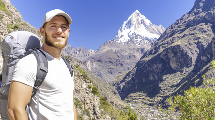 young man smiles while hiking in mountainous landscape with snow capped peaks and valley below