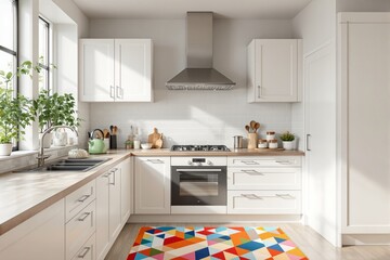 Fototapeta premium Modern kitchen interior with white cabinets, wooden countertops, stainless steel appliances, and a colorful geometric rug on the floor. Concept of cozy home. Ai generative