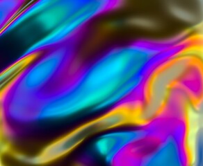 Holographic glossy surface with colorful opalescent ripples. Futuristic 3D illustration of neon glitched texture.