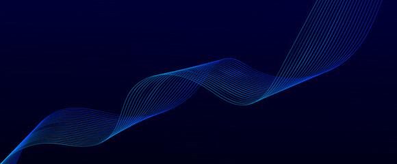 Dark abstract background with glowing wave. Shiny moving lines design element. Modern purple blue gradient flowing wave lines. Vector illustration