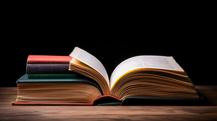 Naklejka premium Vintage Open Book Stacked Books On Wooden Table