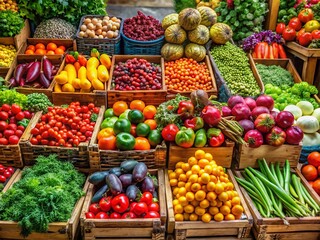 Vibrant Fresh Fruits & Vegetables at Farmers Market Stall - Colorful Produce Crate