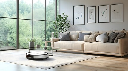 Modern living room with robotic vacuum cleaner and beige sofa