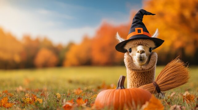 Festive and Fun Halloween-Themed Pets, A whimsical alpaca wearing a witch hat and holding a broom beside a pumpkin in a colorful autumn setting.
