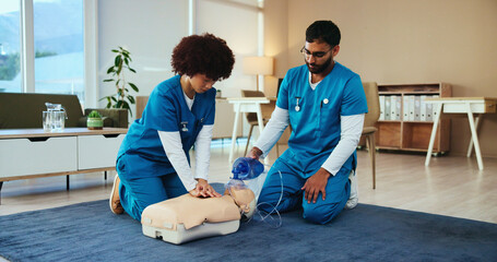 Students, cpr or nurses teaching with mannequin for first aid practice, cardiac arrest or safety protocol. Healthcare class, advice or people in medical simulation, paramedic course or nursing school