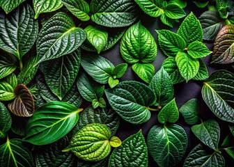 Obraz premium Vibrant Green Leaves Scattered on Dark Background - Artistic Food Photography