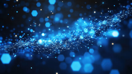 Abstract background with hexagons and glowing dots, in a blue color on a dark background