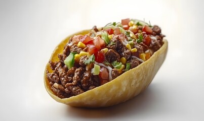 Beef taco boat, studio shot, white background,  Mexican food, restaurant menu