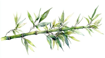 Fototapeta premium Watercolor Bamboo Branch With Green Leaves On White Background