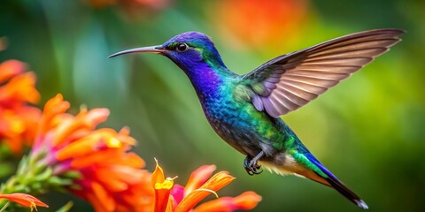 Fototapeta premium Vibrant Mexican Violet-ear Hummingbird Feeding on Honduran Flowers