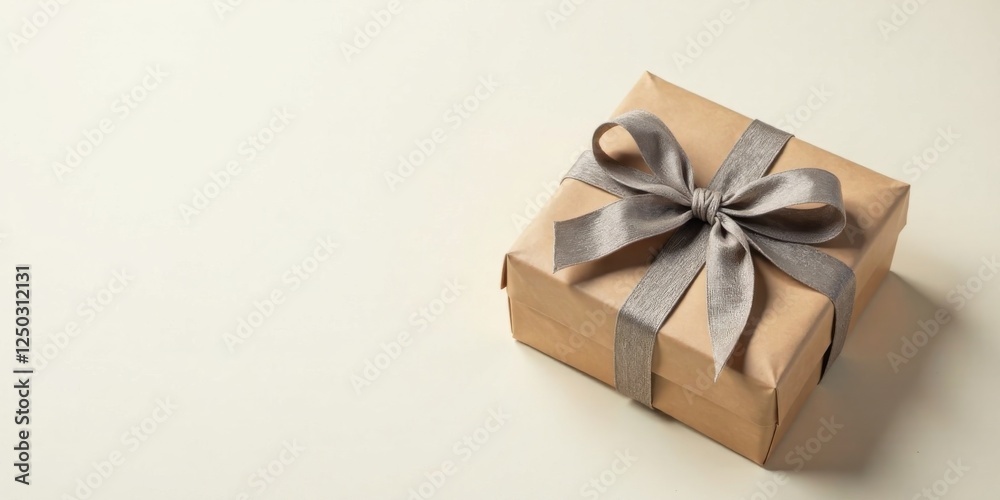 Sticker A thoughtfully wrapped gift box, showcasing a delicate silver ribbon tied in a classic bow, rests on a neutral background, perfect for conveying elegance and celebration.