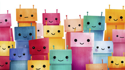Cute and colorful cartoon robots with smiling faces in various shades