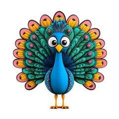 Obraz premium Colorful cartoon peacock with detailed feathers standing proudly in a playful and whimsical setting for children's art and design concepts