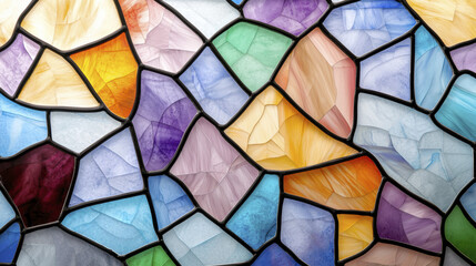 Colorful geometric stained glass design with vibrant hues and textures