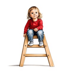 Cute Baby Sitting on Wooden Step Ladder with Cheerful Expression in Red Sweater Captured in Bright and Colorful Illustration Style