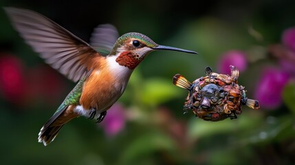 Fototapeta premium A vibrant hummingbird hovering near a colorful flower with a blurred garden background