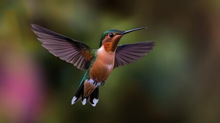 Fototapeta premium Colorful hummingbird hovering in vibrant garden, showcasing nature's beauty and serenity