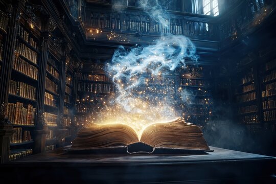 Ghostly reading in a haunted library ancient books candlelit ambiance mystical dust particles enigmatic scene