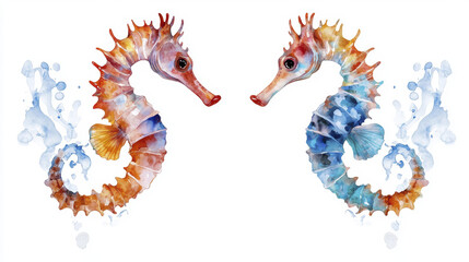 Fototapeta premium Stylized seahorses in vibrant colors with splashes of water, creating whimsical underwater scene