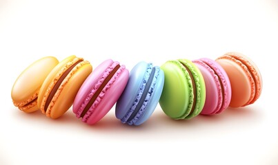Colorful macarons arranged on white background, delicious French pastries, sweet treat, food photography, bakery product, website banner