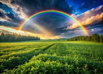 Naklejka premium Vibrant Rainbow Arcing Over Lush Green Field - Nature Stock Photo