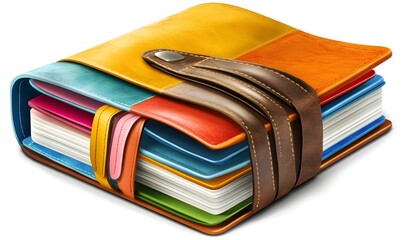 Colorful planner book, organized pages, studio shot, planning concept, website design