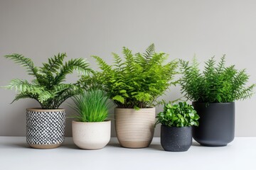 Fototapeta premium A collection of various potted plants arranged on a neutral background showcasing greenery