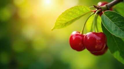 Obraz premium Sunlit Red Cherries Hanging on a Branch with Lush Green Leaves in a Vibrant Garden Setting