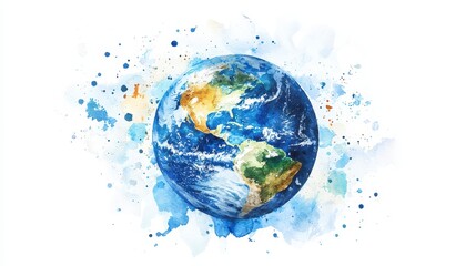 Watercolor Earth Globe With Blue And Green Hues On White Background