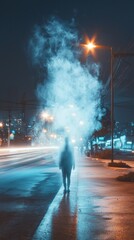 Obraz premium Ghostly figure emerges empty street artistic representation foggy environment nighttime viewpoint isolation concept