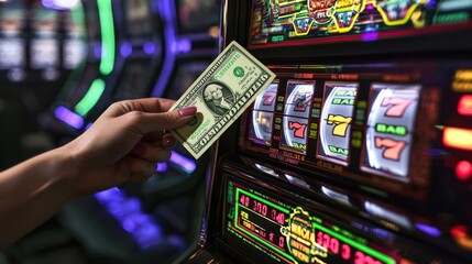 Hand Receiving Cash From Slot Machine In Casino